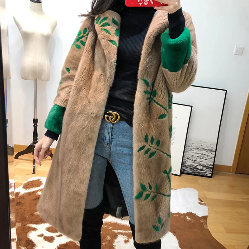 Женское бархатное пальто M. Y. FANSTY зимнее из норки с длинным рукавом натурального