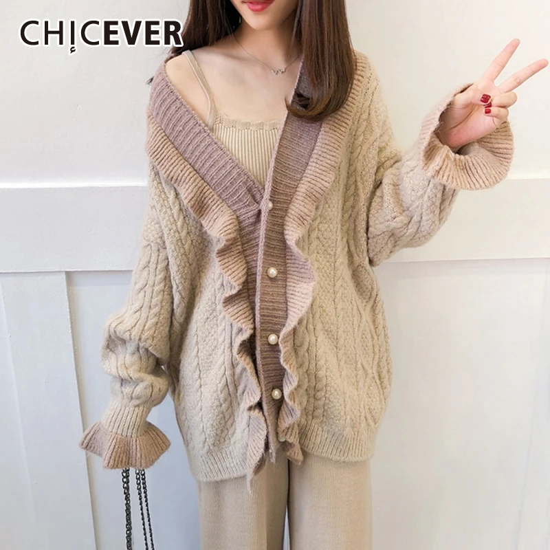 CHICEVER Korean Cardigan Sweater For Women V Neck Flare Sleeve Loose Ruffles Hit Color Sweaters Coats Female Fashion New Autumn |