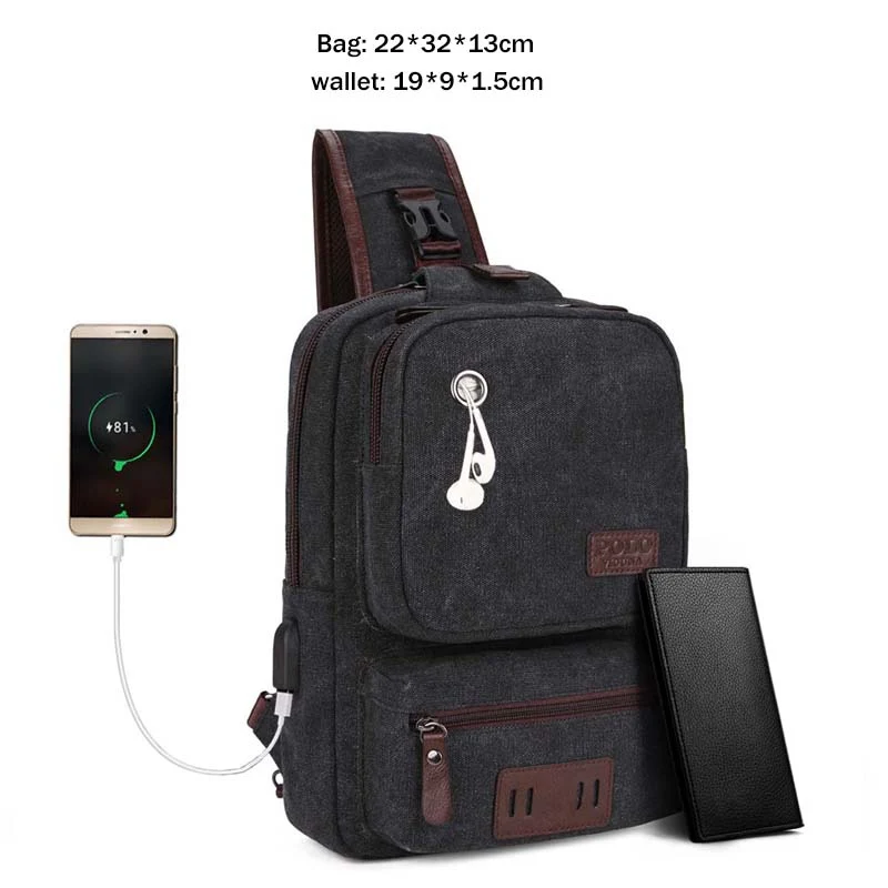 VICUNA POLO, мужская кожаная сумка-мессенджер с USB кабелем и разъемом для наушников, качественная сумка через плечо, повседневная нагрудная сумка-слинг - Цвет: Set black
