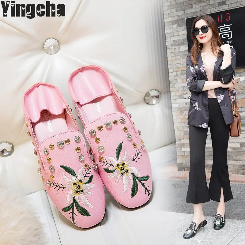 Vintage Embroidered Women Flats Flower Slip On Pu Leather Comfortable Old Peking Ballerina Flat Shoes Sapato Feminino | Обувь