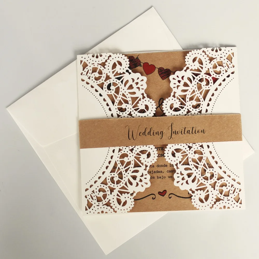 

Rustic Wedding Invitation Ivory Lace Wedding Invite Kraft Paper Invitation Cards - Set of 50 pcs
