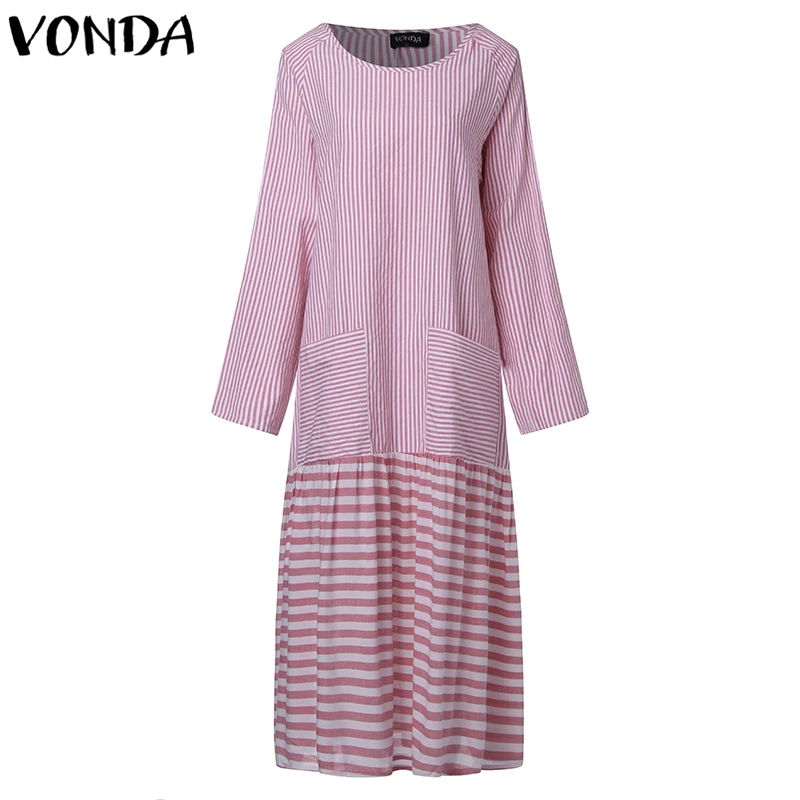 Сексуальные Полосатые лоскутные платья VONDA, женское длинное платье, осень, круглый вырез, длинный рукав, большие качели, повседневные, свободные, Vestidos размера плюс