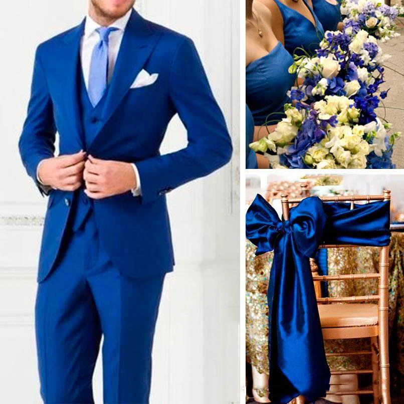 2019 New Royal Blue Peak Lapel Men Suit Male Custom Made 3 Pieces Best Man Wedding Tuxedo Suits Traje Hombre Jacket Vest Pants