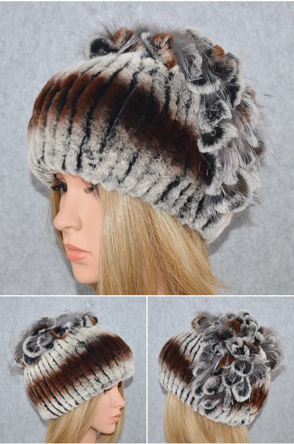 Эластичный женский Настоящий мех кролика Skullies шапки Роскошные вязаные цветы натуральная шапка из меха кролика рекс зимние натуральный мех шапочки