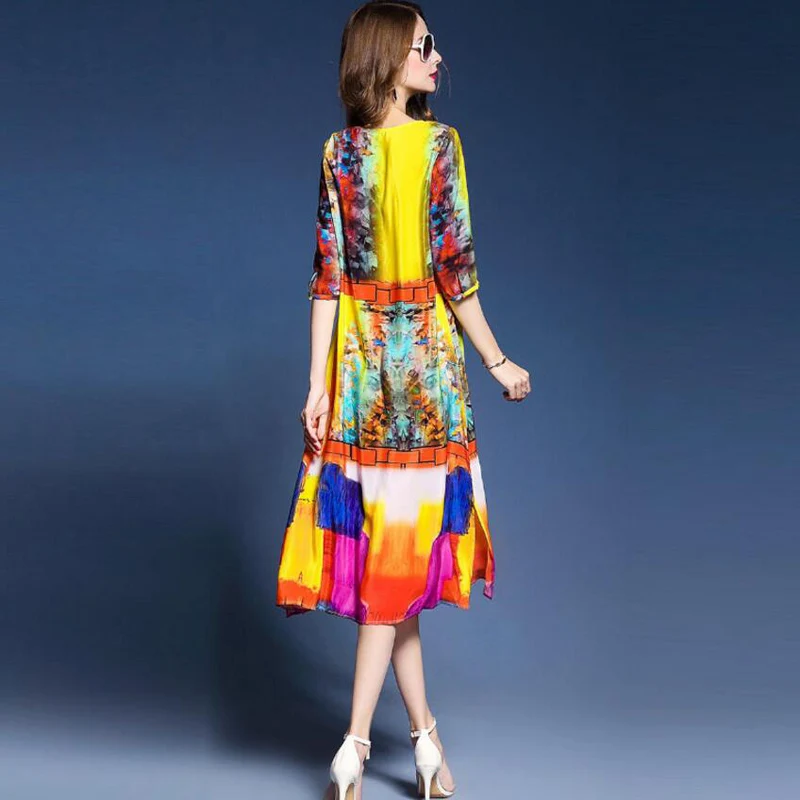 Женское шелковое платье с цветочным принтом повседневное облегающее длинное