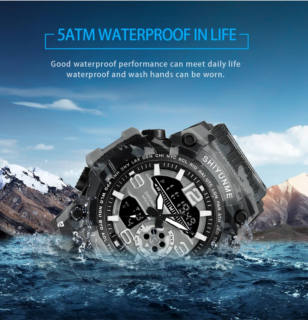 2019new Brand Sports Watches Men Dual Time Camouflage Military Watch Men Army LED Digital Wristwatch 50M Waterproof Men's Clock