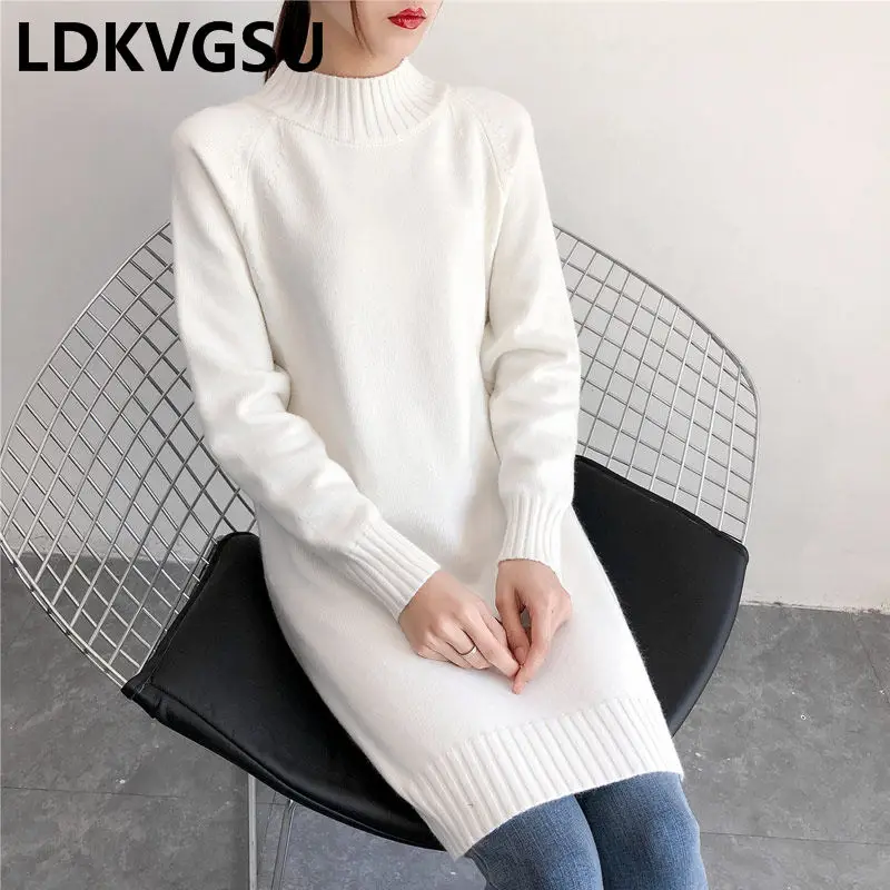 Long Sweater Female 2019 Autumn Winter New Women's Korean Loose Large Size Thick Round Neck Solid Color Knit Dress Is1559 | Женская