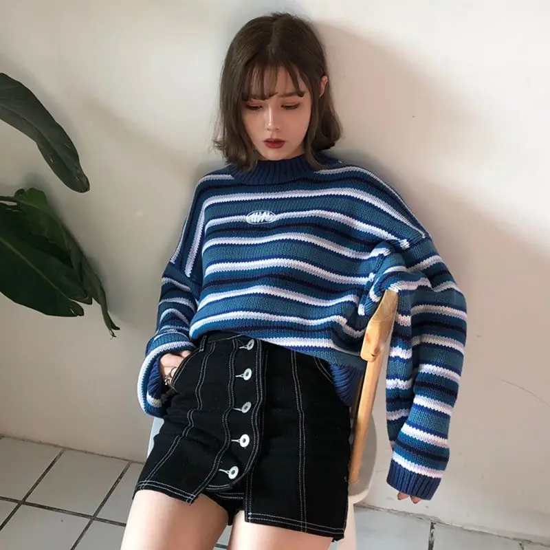 Female Korean Harajuku Clothing For Women Loose Wild Striped Student Sweater Women's Sweaters Kawaii Ulzzang Pullover Jumper | Женская