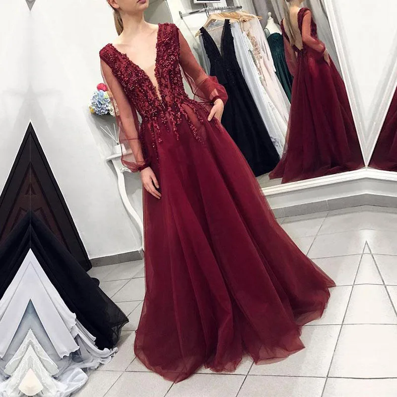 as picture AE1231 новые бордовые элегантные с длинным рукавом V образным вырезом кружевные аппликации тюль вечерние платья для выпускного вечера Вечернее платье robe de soiree - Цвет: as picture