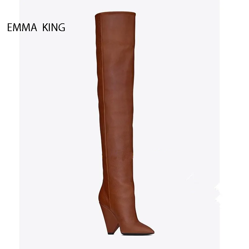 Сезон осень-зима; модные однотонные сапоги до колена на шпильках; Zapatos De Mujer; обувь на высоком каблуке с острым носком; женская обувь с высоким голенищем