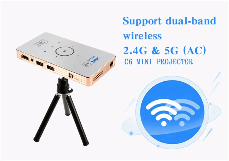 Карманный проектор 4k dlp mini C6 проектор 50 люмен Android 6,0 четырехъядерный двухдиапазонный wifi Bluetooth pico проектор