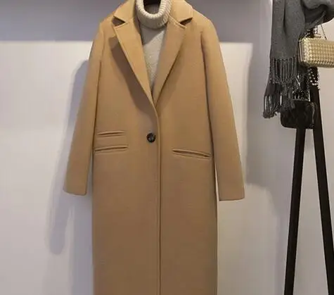 Зимние куртки 2018 для женщин полушерстяные пальто с лацканами карман Oversize Длинная