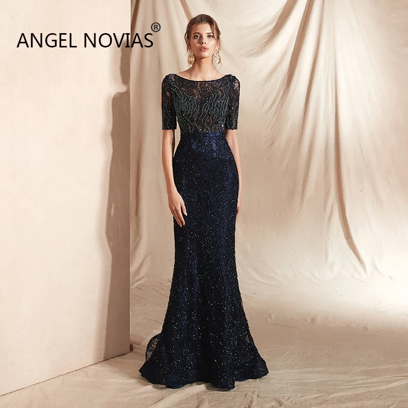 

Женское длинное вечернее платье ANGEL NOVIAS, темно-синее кружевное платье с кристаллами, кружевное платье-русалка, праздничное платье, длинное п...