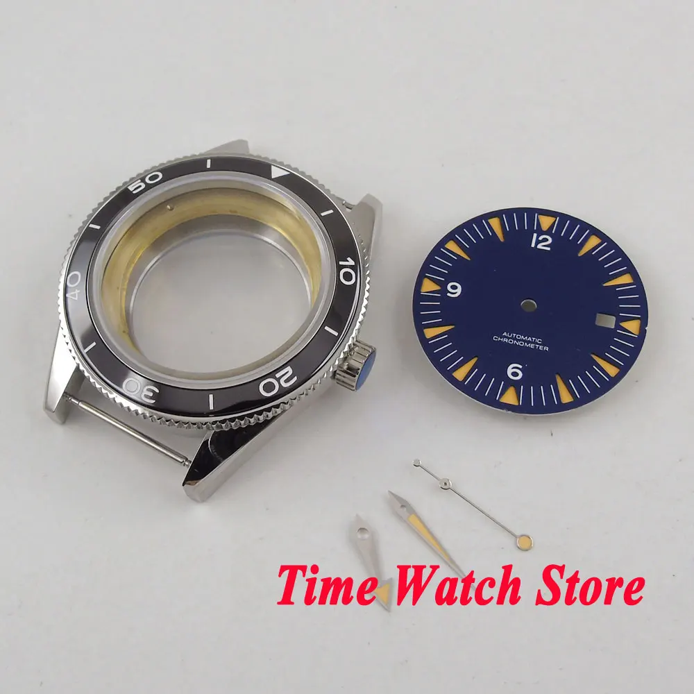 Fit ETA 2836 MIYOTA 8215 821A movement 41mm black ceramic bezel sapphire glass 316L SS watch case +blue dial+hands C11|Циферблаты