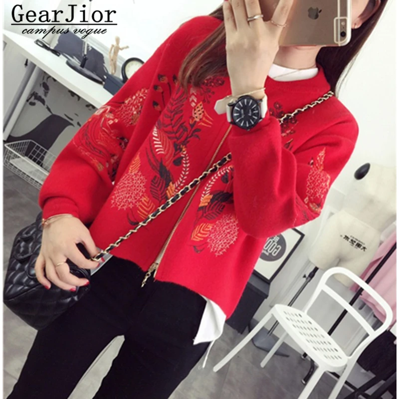 

2017 new hot sale women's autumn winter o-neck long sleeve embroidery knit cardigans coat woman loose zipper sweaters coats