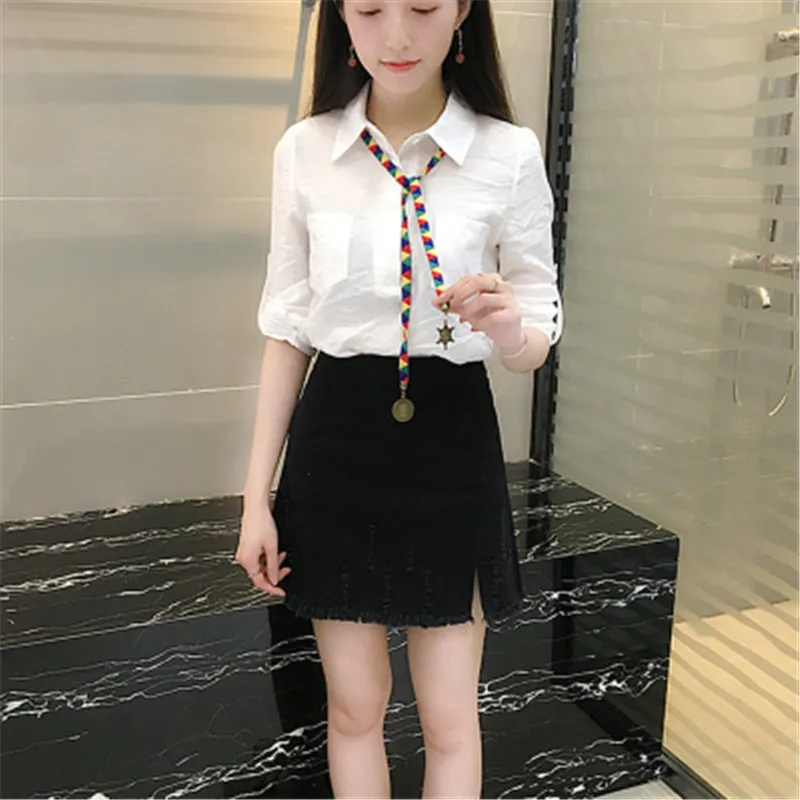 Women Long Sleeve Shirt Crop Top and Denim Skirt Two Piece Clothing Set 2020 Spring Summer New Fashion Dress Femme Work XT008 | Женская