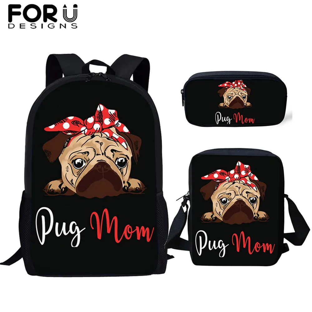 FORUDESIGNS/Дети Черный рюкзак 3 шт./компл. мультфильм милый Мопсов с анималистическим принтом школьные сумки для девочек подростков рюкзак рюкзаки из плотной ткани