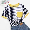 SHEIN, женская летняя полосатая футболка с круглым вырезом и накладным карманом размера плюс