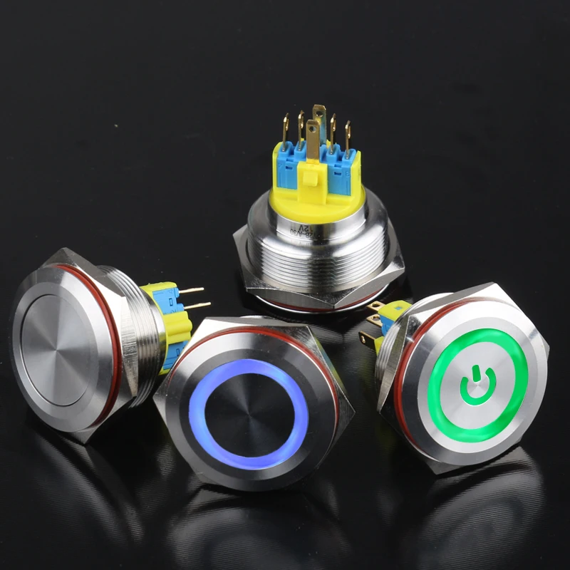 

30mm Metal Push Button Switch with LED 12V 110V 220V STainless Steel Shell Pin Feet for Industrial Device Elevators Motor Cars