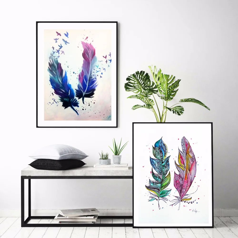 

Twin Feathers Watercolor Canvas Art Print Painting Poster Wall Pictures For Living Room Home Decorative Bedroom Decor No Frame