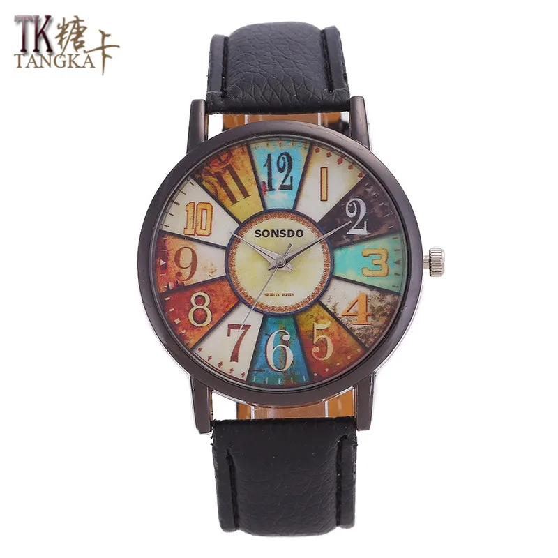 TANGKA Новые мужские и женские кожаные часы со стальным кольцом Ретро цифровой