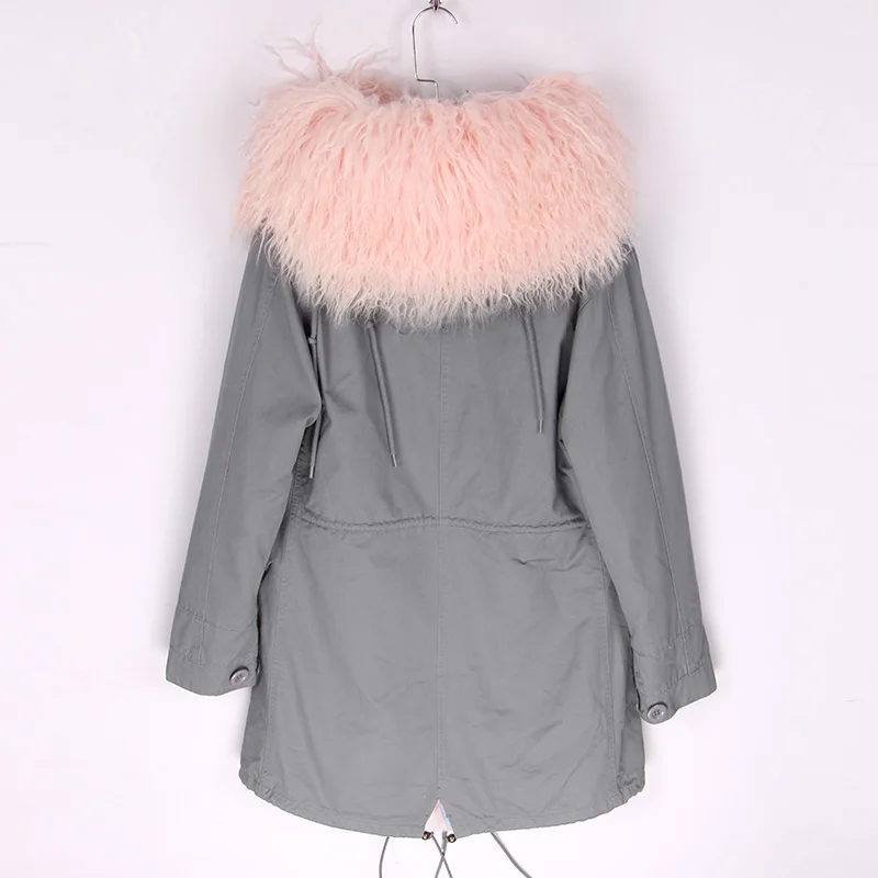 grey pink Новое поступление, длинное меховое пальто, модная Женская Роскошная парка из овечьей шерсти, пальто с капюшоном, зимняя куртка - Цвет: grey pink