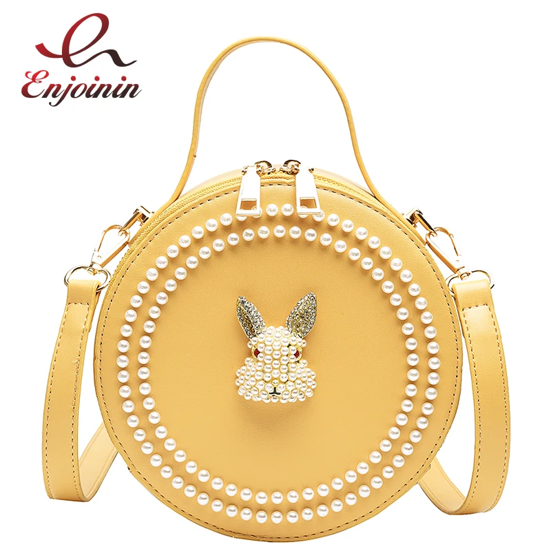 

Cute Fashion Pearl Cartoon Rabbit Pu Leather Casual Young Girl's Shoulder Bag Tote Crossbody Bag Women Round Handbag Chain Purse