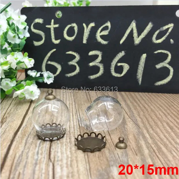 

Free Ship 50sets/lot 20mm (15mm opening) Glass globe & setting bronze lace base & cap finding glass bottle vials jewelry making