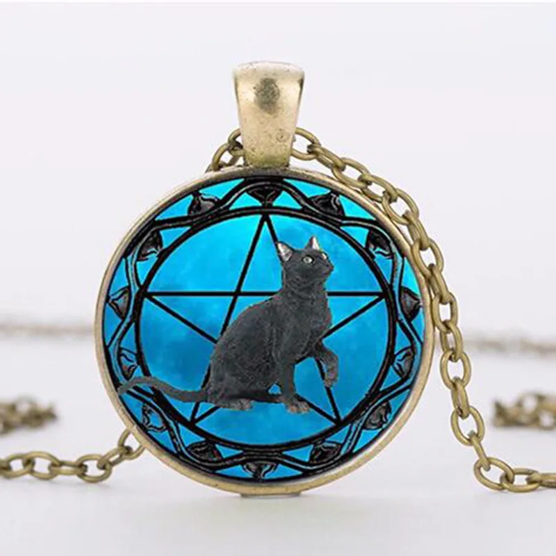Черные кулоны с изображением черной кошки для викканских женщин, Wicca пентаграмма кристалльное ожерелье с голубым кулоном.