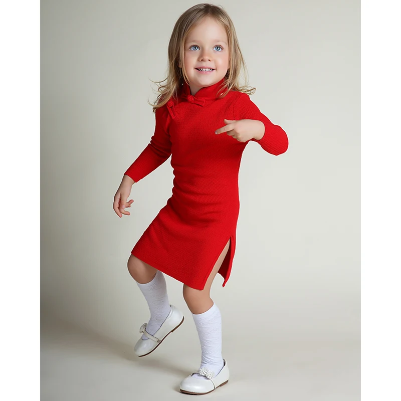 Girls Winter Sweater Dresses Toddler Baby Spring Qipao Chinese Knit Year Dress Thicker Red Pink Cheongsam | Детская одежда и обувь