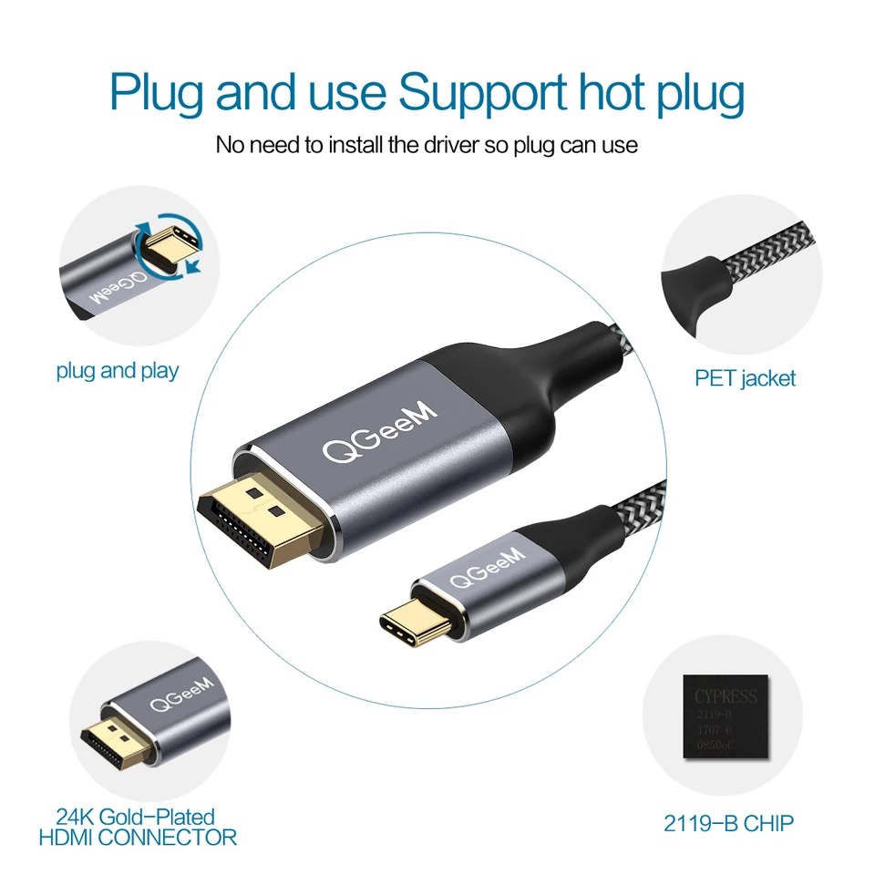 USB C до кабель displayport (4K @ 60 Гц) 3.1 Тип (Thunderbolt 3 совместимый) к DP для Macbook pro2016 Sumsang