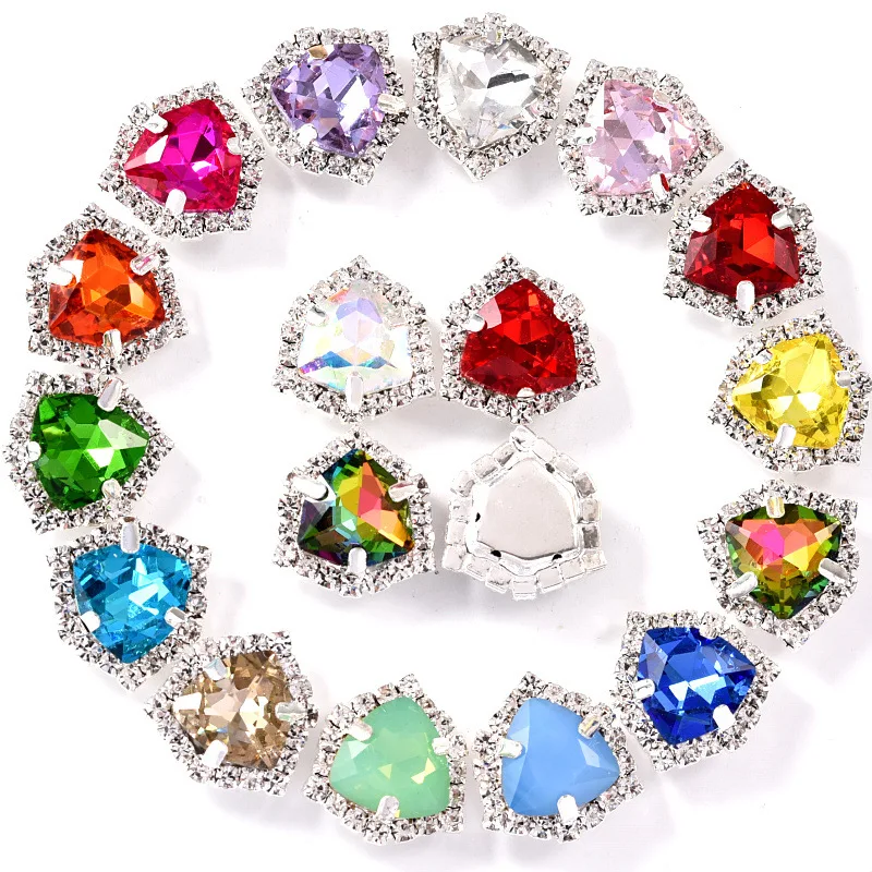 

12mm High Quality Fat Triangle Glass Crystal Sew On Rhinestones Sliver Base With Hole Diy Accessories Wholesale 60pcs/lot
