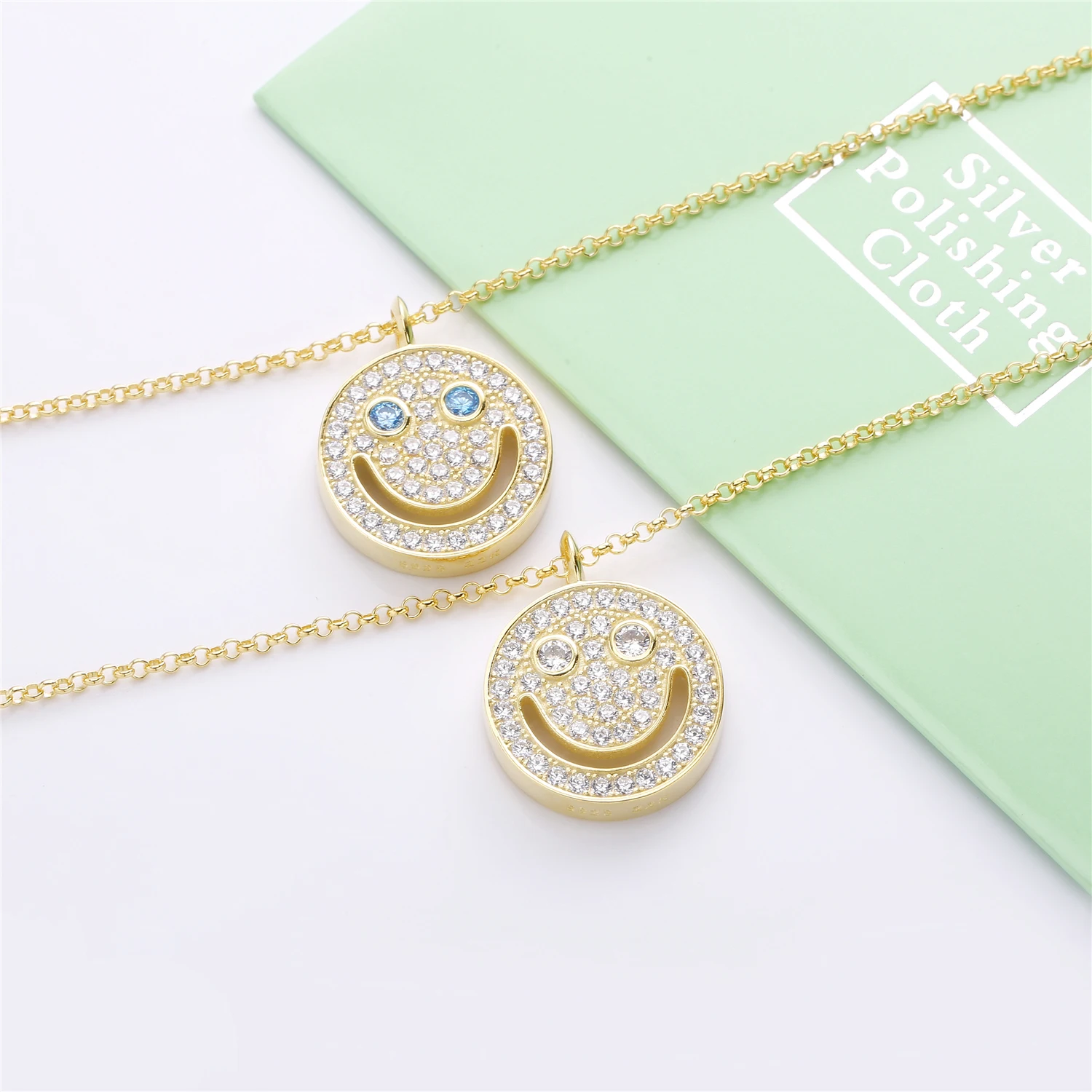 

Slovecabin 925 Sterling Silver Gold Smile Blue CZ Eye Funny Pendant Necklace Lumiea Jewelry Japan Men Long Chain Thick Necklace