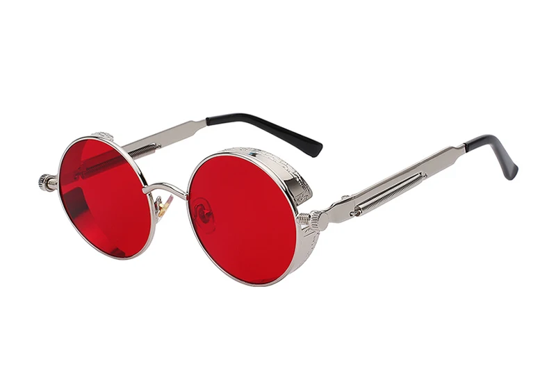 Silver w red Новые круглые металлические солнцезащитные очки стимпанк для мужчин и женщин, модные очки, брендовые дизайнерские Ретро Винтажные Солнцезащитные очки UV400 - Цвет линз: Silver w red