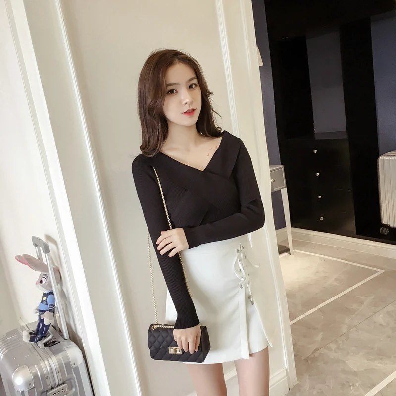 Новый Модный женский свитер с длинным рукавом и v-образным вырезом осень 2018