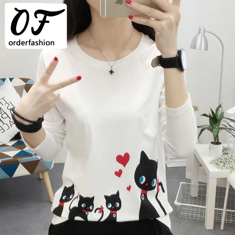 2017 Новый Осенняя Мода Мультфильм Кошки Печатные Рубашки Блузки С Длинным Рукавом