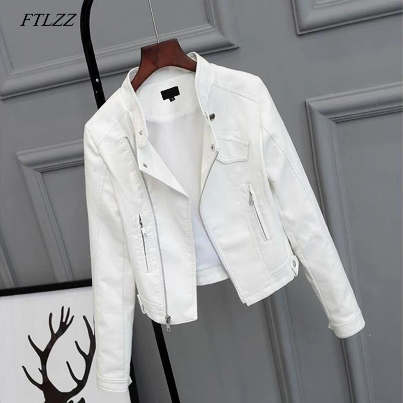 FTLZZ Женская куртка из искусственной кожи короткая розовая для байкеров тонкая