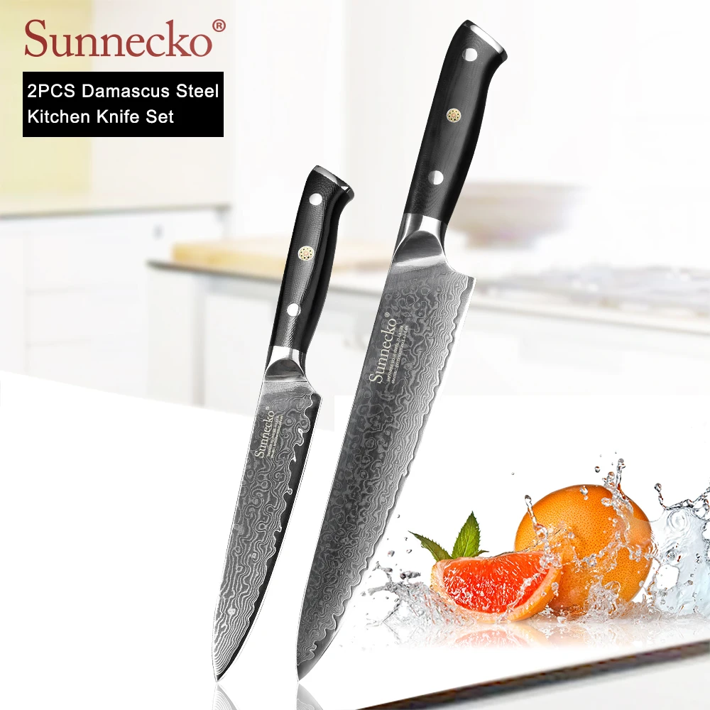 

SUNNECKO Premium 2PCS Kitchen Knives Set Japanese VG10 Damascus Steel 8'' Chef 5'' Utility Cooking Knife G10 Handle Cutter Tool