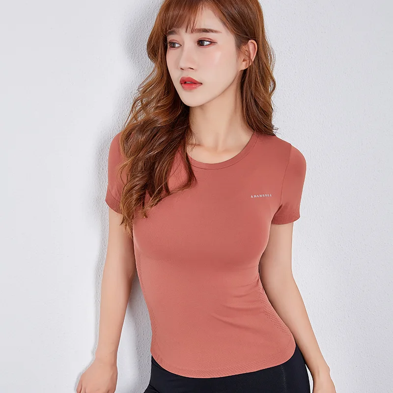 

SALSPOR Solid Color Yoga Shirts Women Casual Letter Printed Scoop Neck T Shirts Gym Elastic Tight Sport Shirts Yoga Fitness Tops