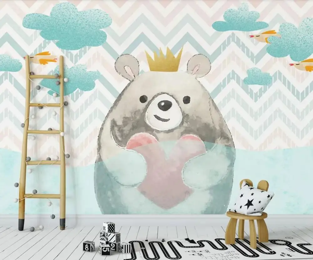 

Customized 3D mural wallpaper cloud love bears children's room background wall decoration painting