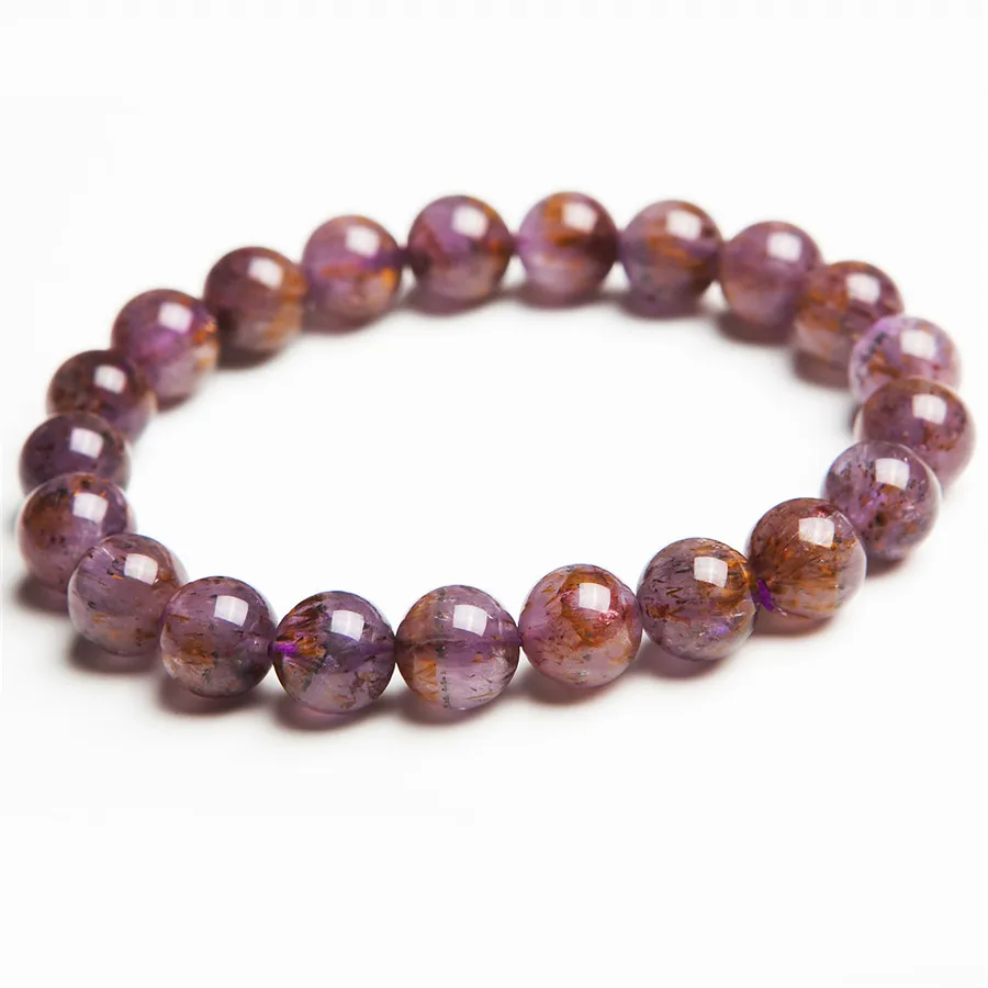 New Arrival 9.5mm Genuine Natural Purple Gold Cacoxenite Rutilated Quartz Crystal Round Beads Jewelry Women Stretch Bracelets