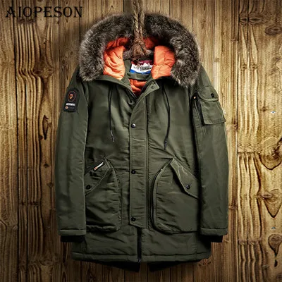 army green AIOPESON, зимняя мужская куртка, Повседневная парка, одноцветная, с большим карманом, высокое качество, зимняя мужская куртка, меховая толстовка, Толстое Зимнее пальто - Цвет: army green