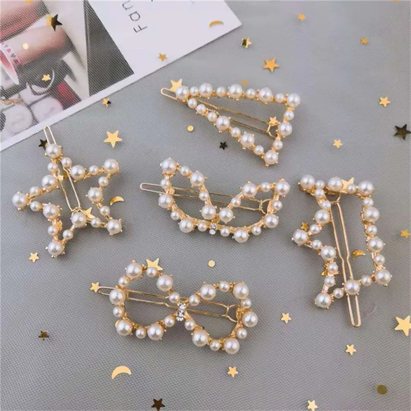 

1pcs Korean Pearl Metal Geometric Hairpins Alloy Star bow crown Barrettes Elegant Women Girls Hair Clip Pin Hairgrip Accessories