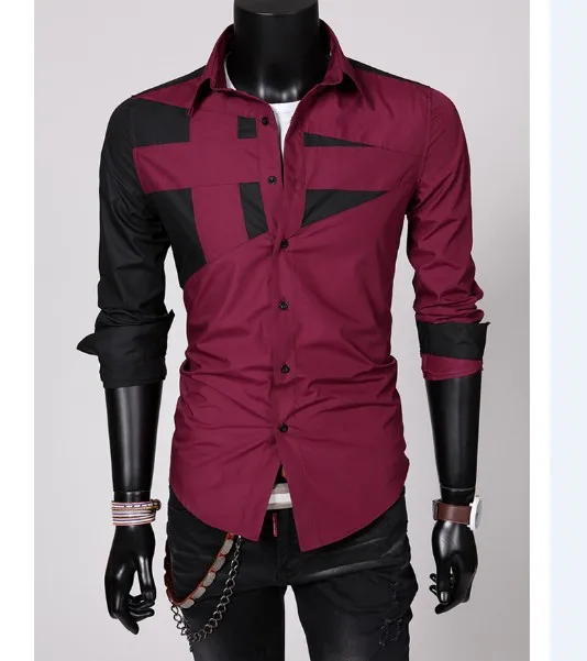 2014 Hot new men's casual long-sleeved shirt simple collision color burgundy comfortable England social | Мужская одежда