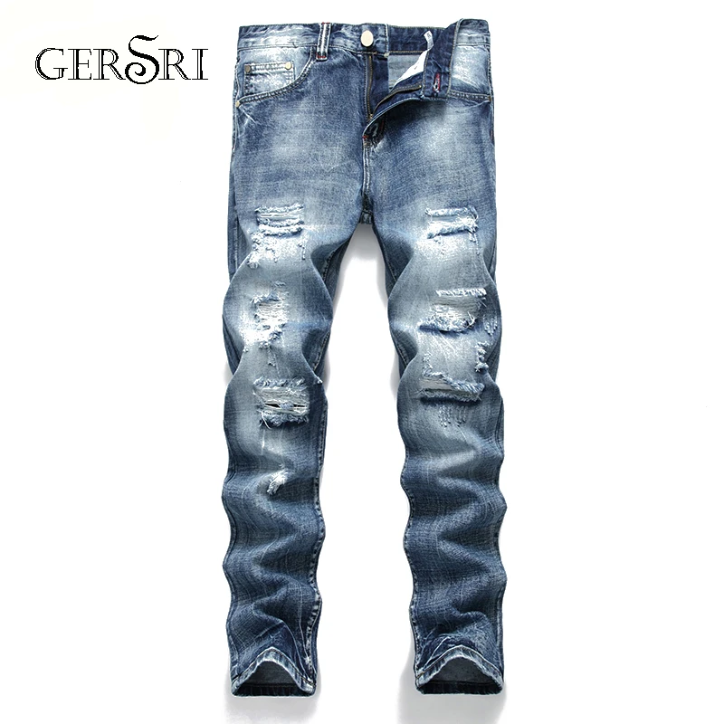 Модные джинсы gerшри мужские прямые темно-синие с принтом рваные хлопковые |