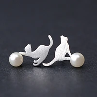 daisies new arrivals pure 925 sterling silver pearl with cat stud earrings for women animal shape statement jewelry