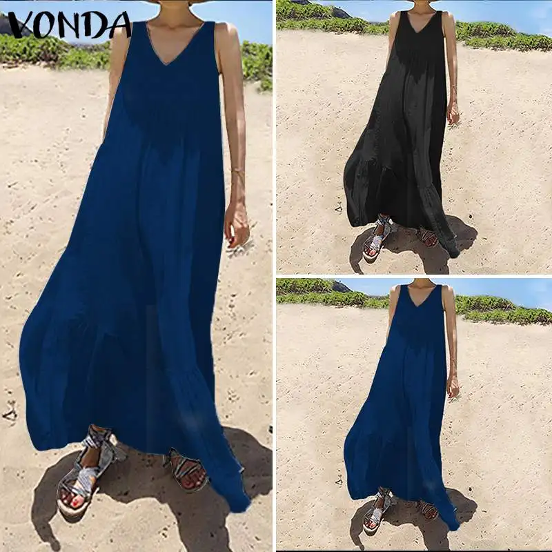 Белые хлопковые длинные платья для женщин летнее VONDA сексуальное платье без рукавов с v-образным вырезом однотонное винтажное платье размера плюс пляжный сарафан 5XL