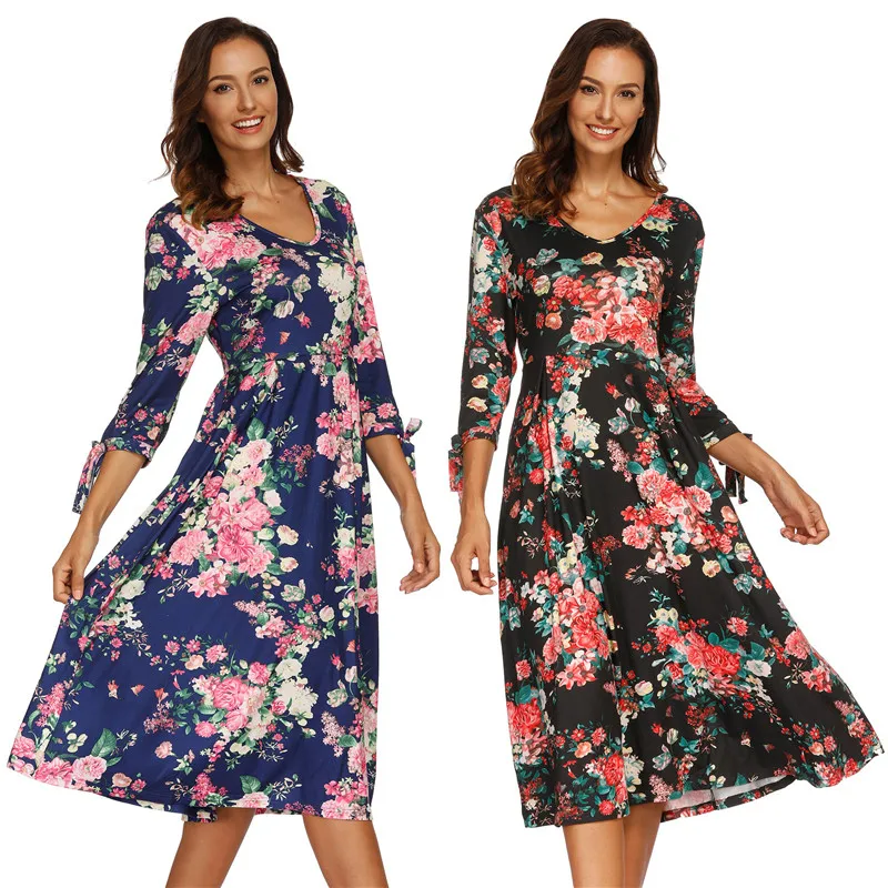 Autumn winter Seven-quarter sleeve Floral Print Boho Beach Dress Maxi Women Evening Party Sundress Vestidos de festa | Женская одежда