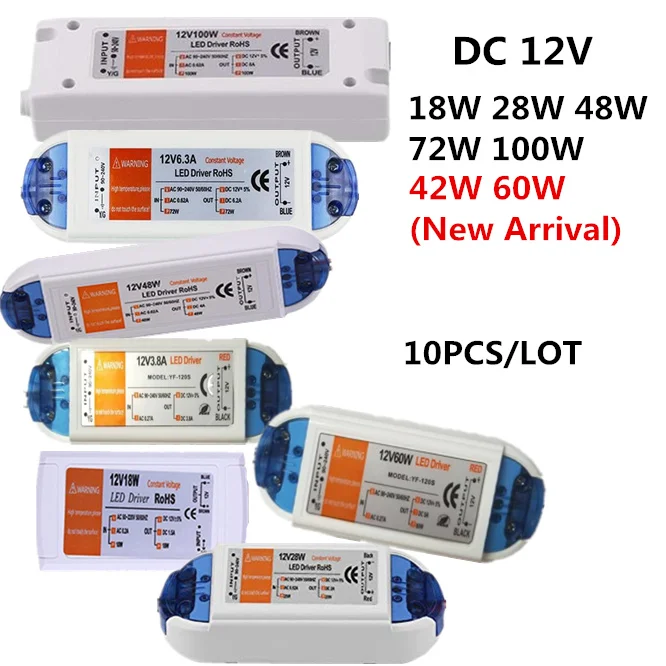 

10 PCS/LOT AC85-265V New 42W 60W LED Driver for LED Strip Power Supply 12V DC 18W 28W 48W 72W 100W Lighting Transformers