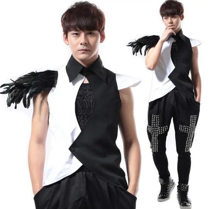 

Original colete masculino men feather vest clothing camiseta tirantes personalized singer dance stage street star style dress